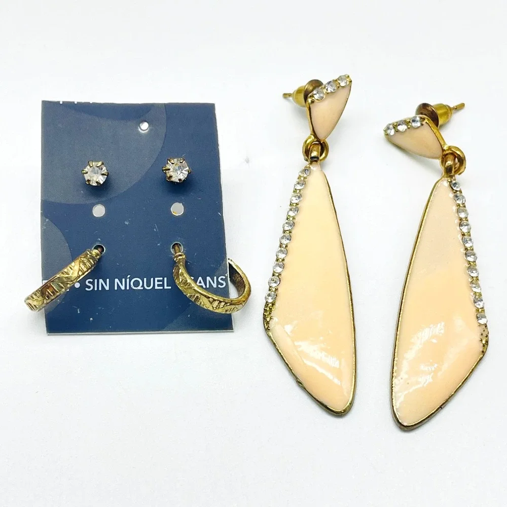 Pierced Earrings Lot of 3 Rhinestone Studs Gold Tone Hoops Cream Enamel Dangle